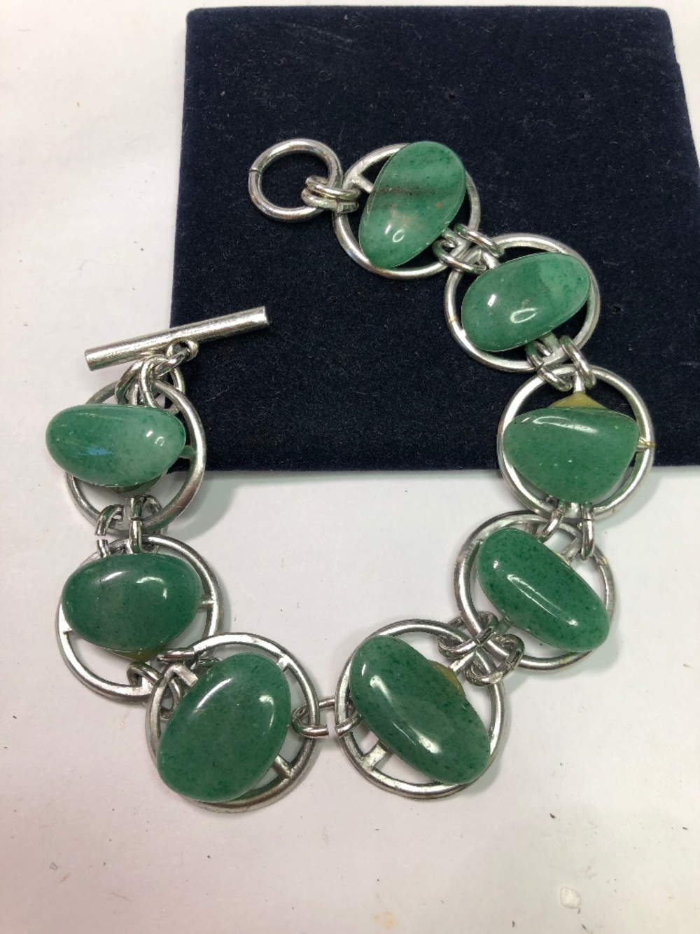 Vintage green jade gemstone link bracelet silver tone 7.5”